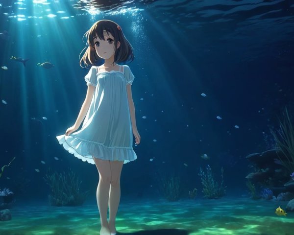 Young girl in white dress underwater with marine life