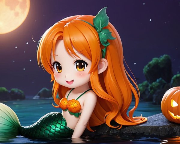 Mermaid with Orange Hair in Moonlit Halloween Scene