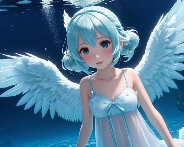 Underwater Scene of a Girl with Blue Hair and Wings