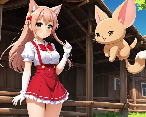 Girl with Pink Hair and Fox Creature by Cabin