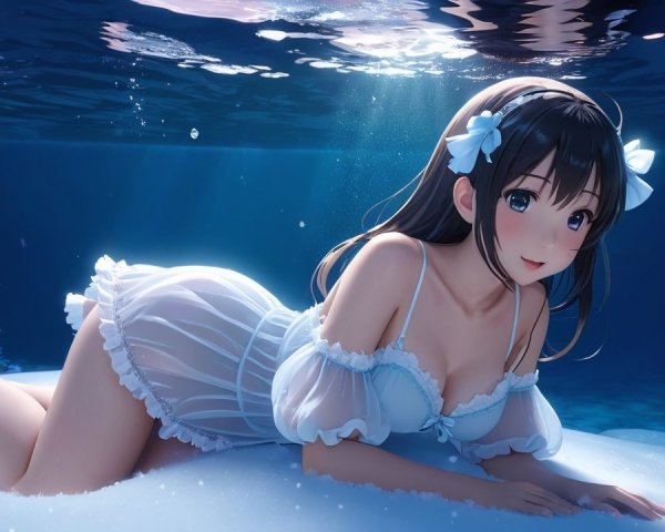 Underwater Scene of Woman in White Outfit with Light Rays