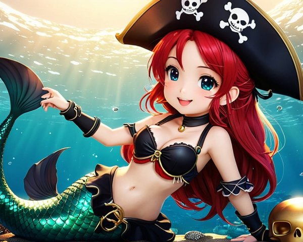 Mermaid with Red Hair and Pirate Hat Underwater Scene