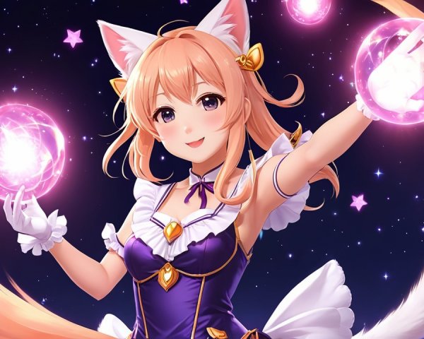 Fantasy Character with Cat Ears and Magic Orbs