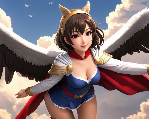 Character with White Wings in Vibrant Costume Soaring