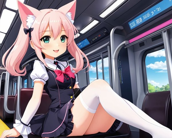 Anime Character with Cat Ears on Train Seat