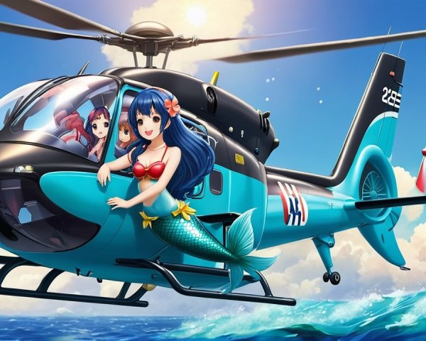 Turquoise Helicopter with Mermaid Over Ocean Scene