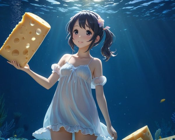 Young girl underwater with cheese and colorful corals