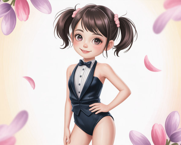 Animated girl in tuxedo with flower petals background