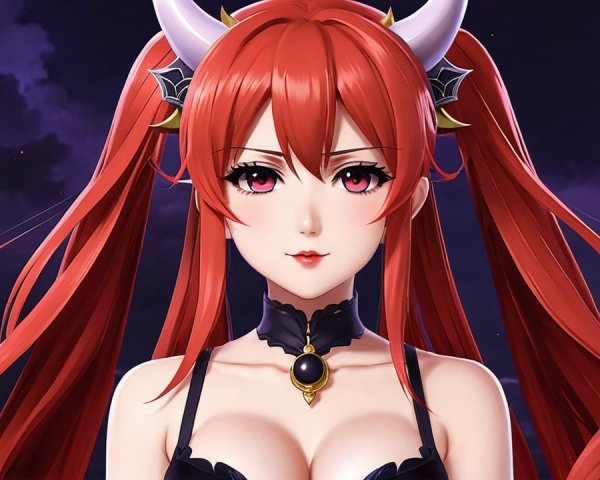 Character with Red Hair, Horns, and Dark Outfit