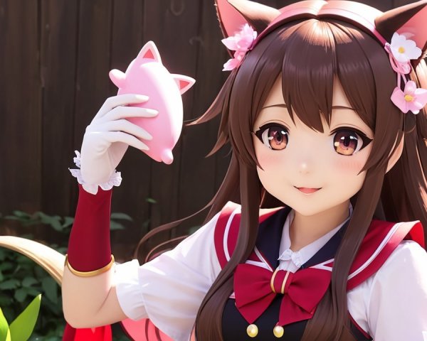Cheerful anime character with cat ears and pig toy