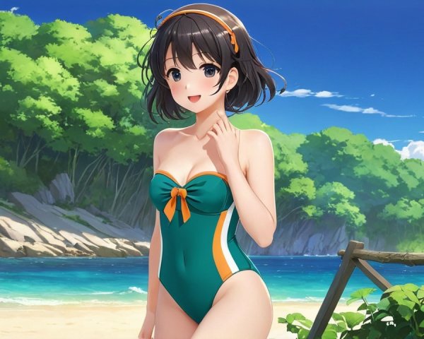 Cheerful Animated Girl at a Vibrant Beach Scene