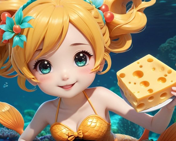 Cheerful mermaid with cheese in colorful underwater scene