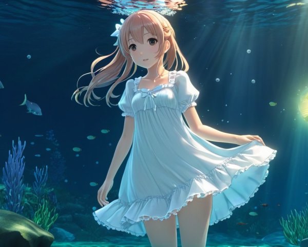 Underwater Scene with Girl in White Dress and Marine Life