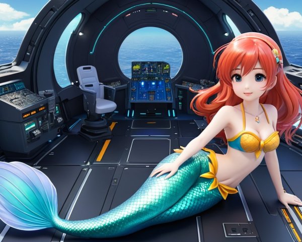 Futuristic Submarine Scene with Mermaid and Technology