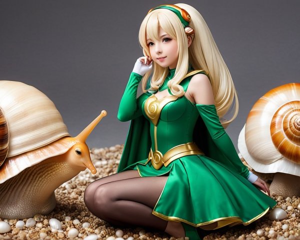 Character in Green Outfit Surrounded by Patterned Snails