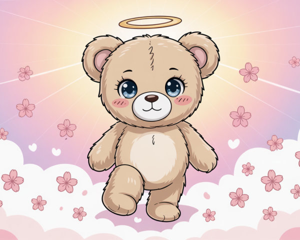 Cartoon Angelic Teddy Bear on Fluffy Clouds