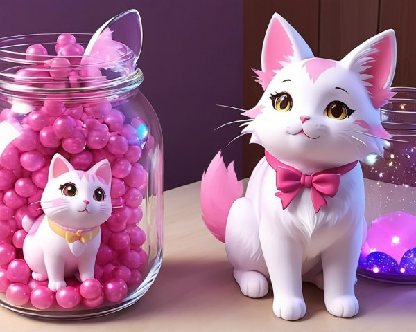 Whimsical Scene with White Cats and Colorful Orbs