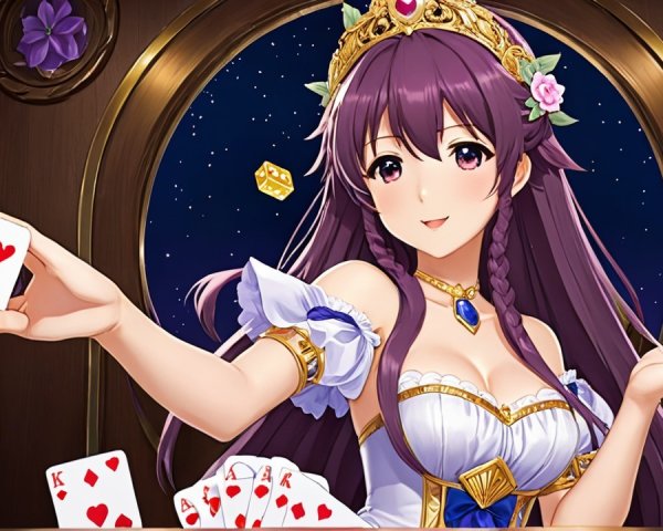 Elegant Character in Gown with Cards and Starry Sky