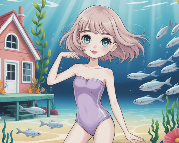 Anime-style girl in purple swimsuit underwater scene