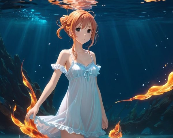 Underwater Scene with Young Girl in White Nightgown