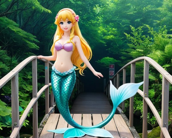 Vibrant Mermaid on a Bridge in Lush Greenery