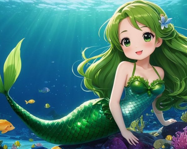 Cheerful Mermaid in Vibrant Underwater Scene