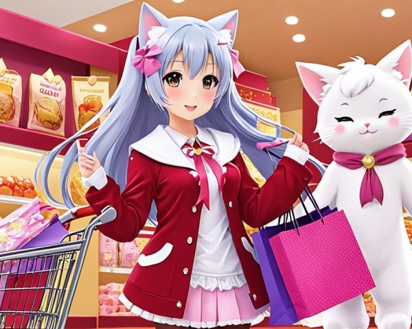 Cheerful Girl with Blue Hair in Colorful Grocery Store