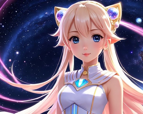 Anime Character with Blonde Hair and Cosmic Background