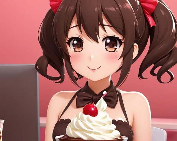 Cheerful girl with desserts in a playful pink setting