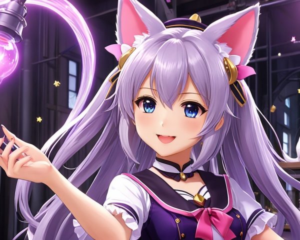 Cheerful character with lavender hair and potion in bakery