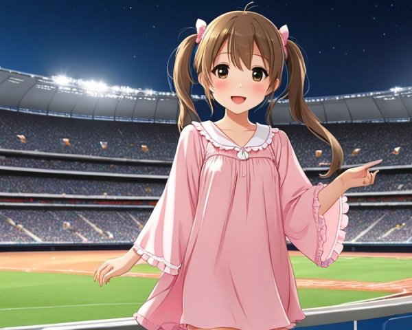 Cheerful anime character in vibrant night stadium