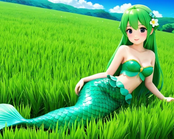Vibrant Green-Haired Mermaid in Tranquil Landscape