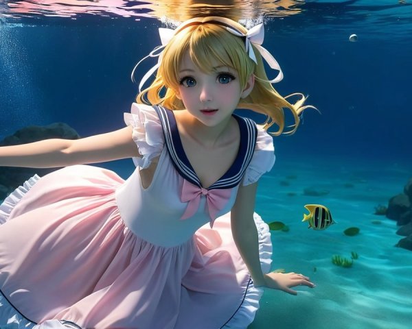 Young girl in pink dress swimming in coral reef