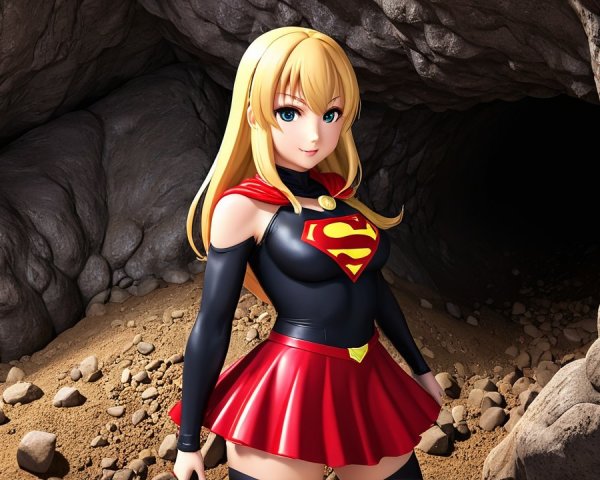 Stylized superhero character in a cave setting