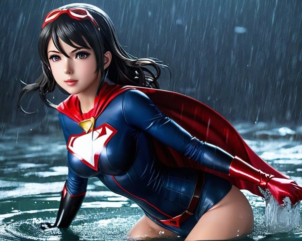 Superheroine in Rain-Soaked Landscape with Red Cape