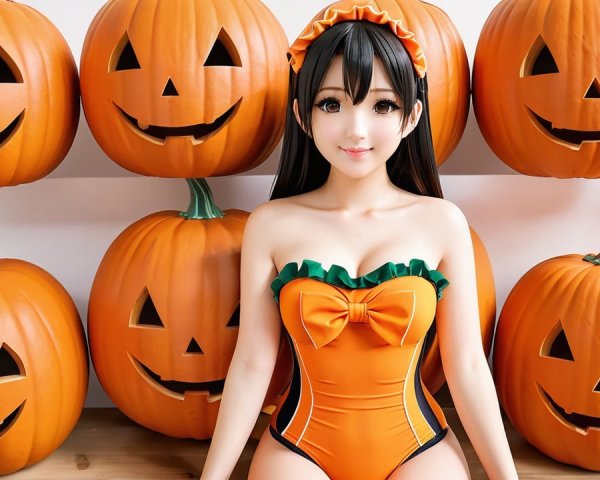 Character in Orange Swimsuit Surrounded by Pumpkins