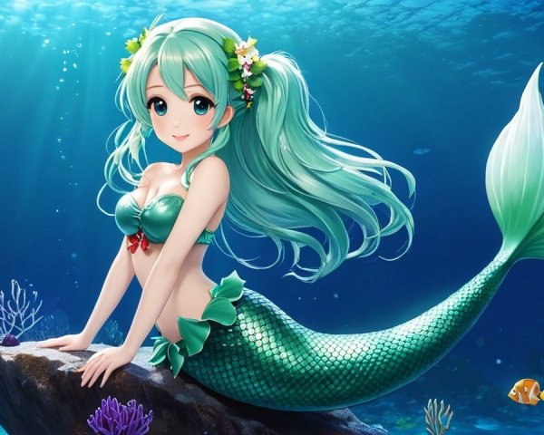 Vibrant Underwater Scene with Cheerful Mermaid