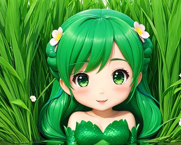 Animated character with green hair in lush grass