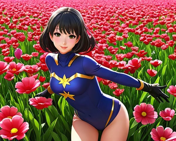 Vibrant Field of Pink Flowers with Superhero Character