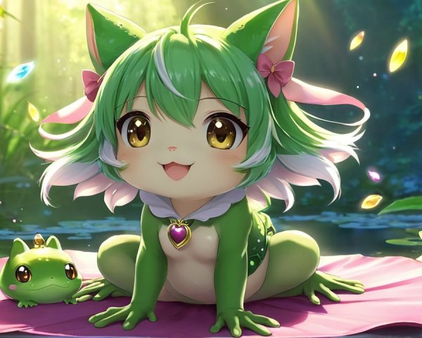 Anthropomorphic Green Frog Character on Pink Mat