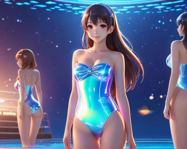 Vibrant Pool Scene with Animated Characters in Swimsuits