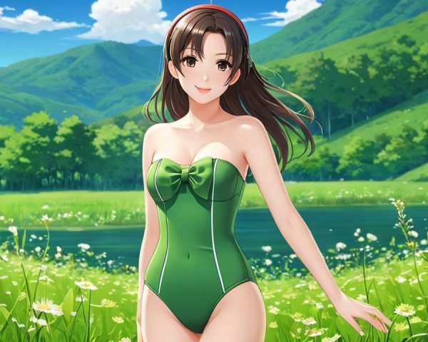 Cheerful woman in green swimsuit in lush landscape