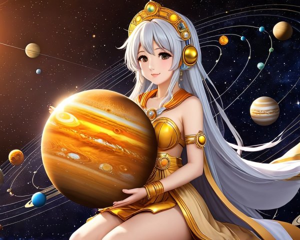 Celestial Figure with Jupiter in a Starry Cosmos
