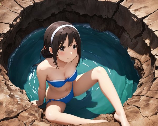 Young girl in blue bikini by clear water hole