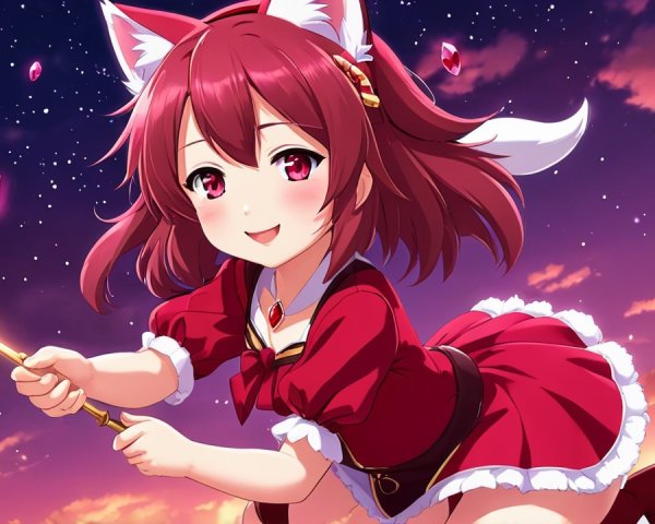 Cheerful anime girl with fox features in sunset scene