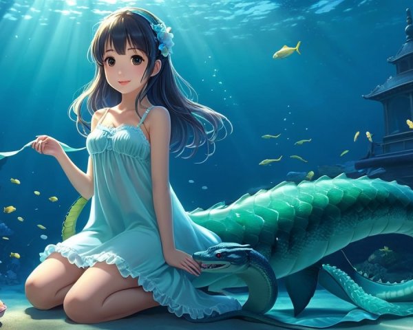 Underwater Scene with Girl, Fish, and Mythical Creature