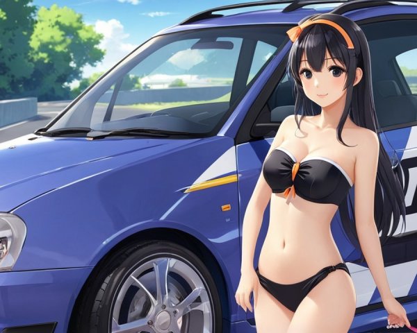 Young woman in black bikini beside sporty blue car
