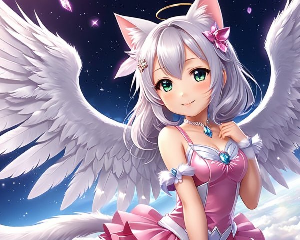 Whimsical Character with Cat Ears and Angel Wings
