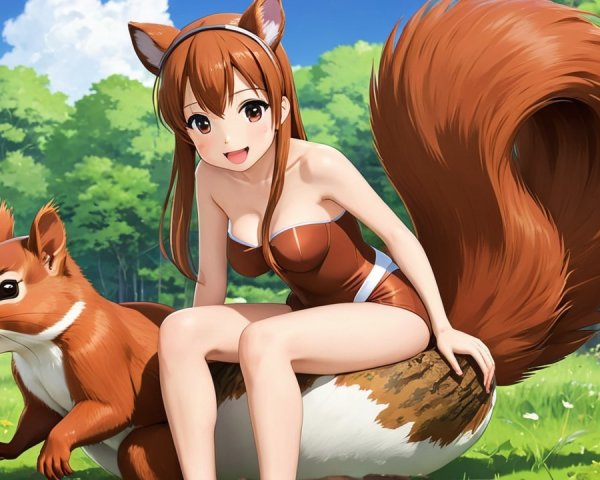 Whimsical Scene of Girl Riding a Friendly Squirrel