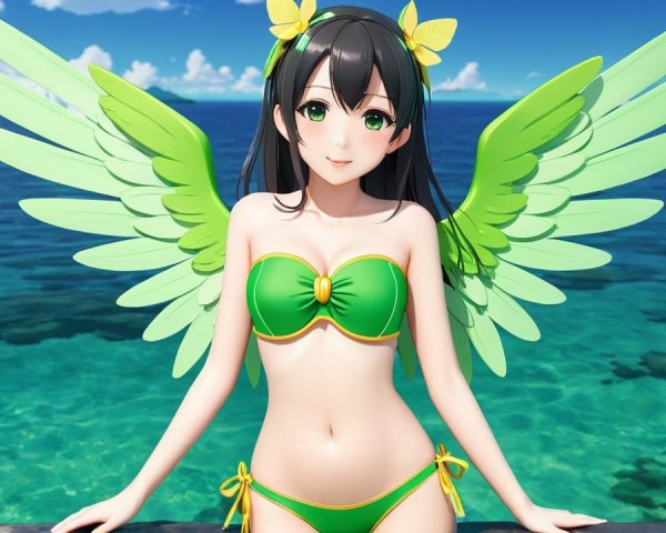 Anime Character at Ocean in Green Bikini with Wings